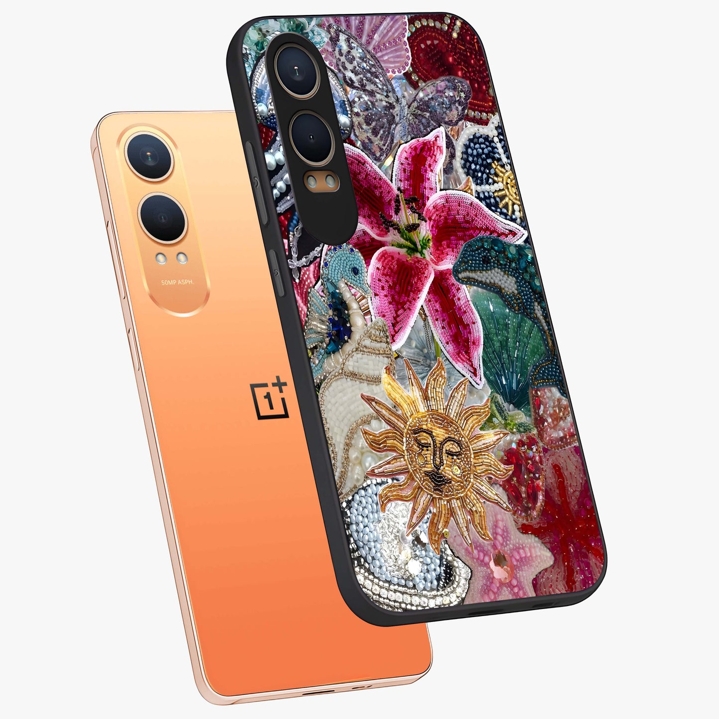 Beaded Garden Fantasy Glass Case for 1+Nord Ce 4 Lite angled mockup showcasing glossy finish and detailed fantasy design