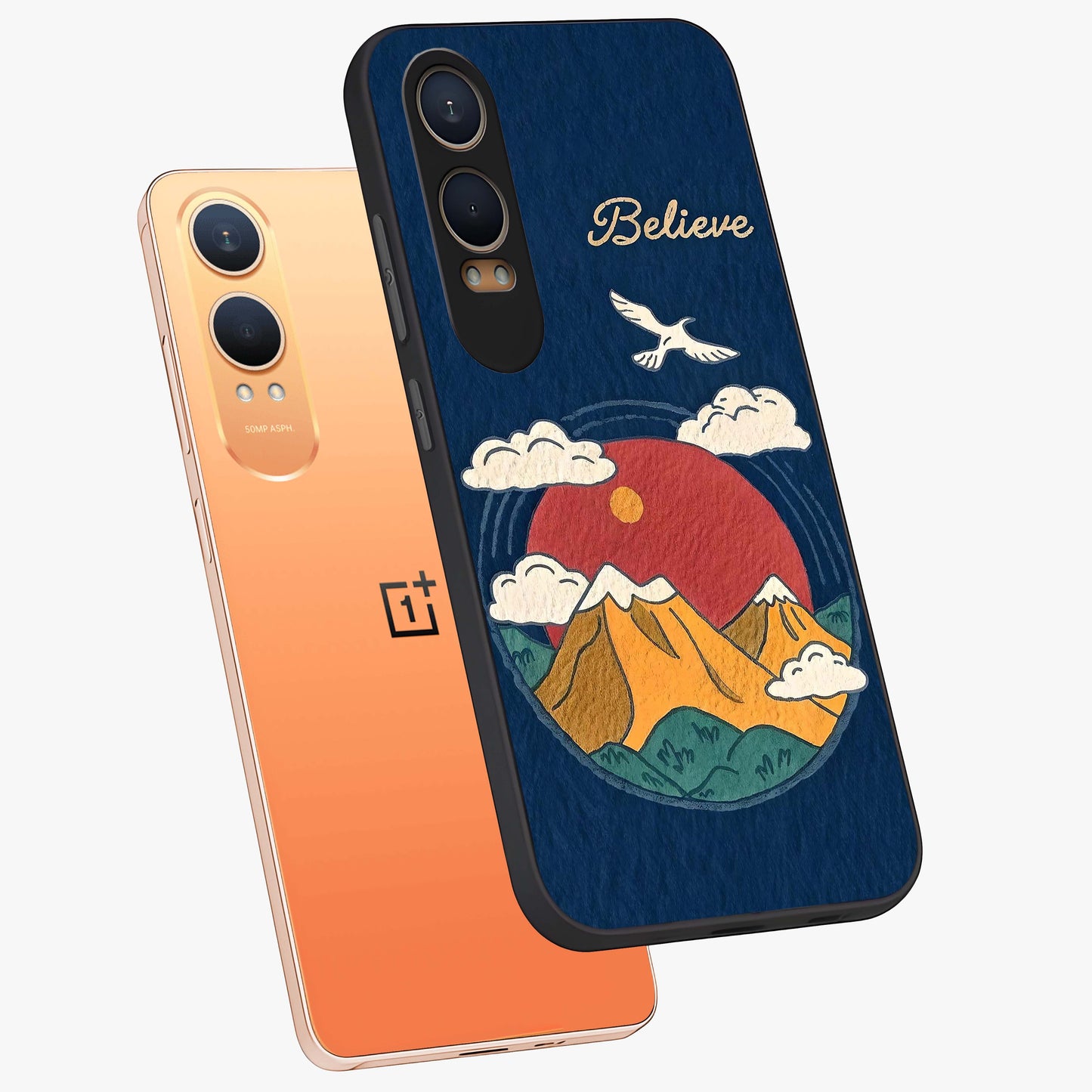 Believe Sky Escape Glass Case for 1+Nord CE 4 Lite angled mockup showcasing glossy finish and serene cloud design