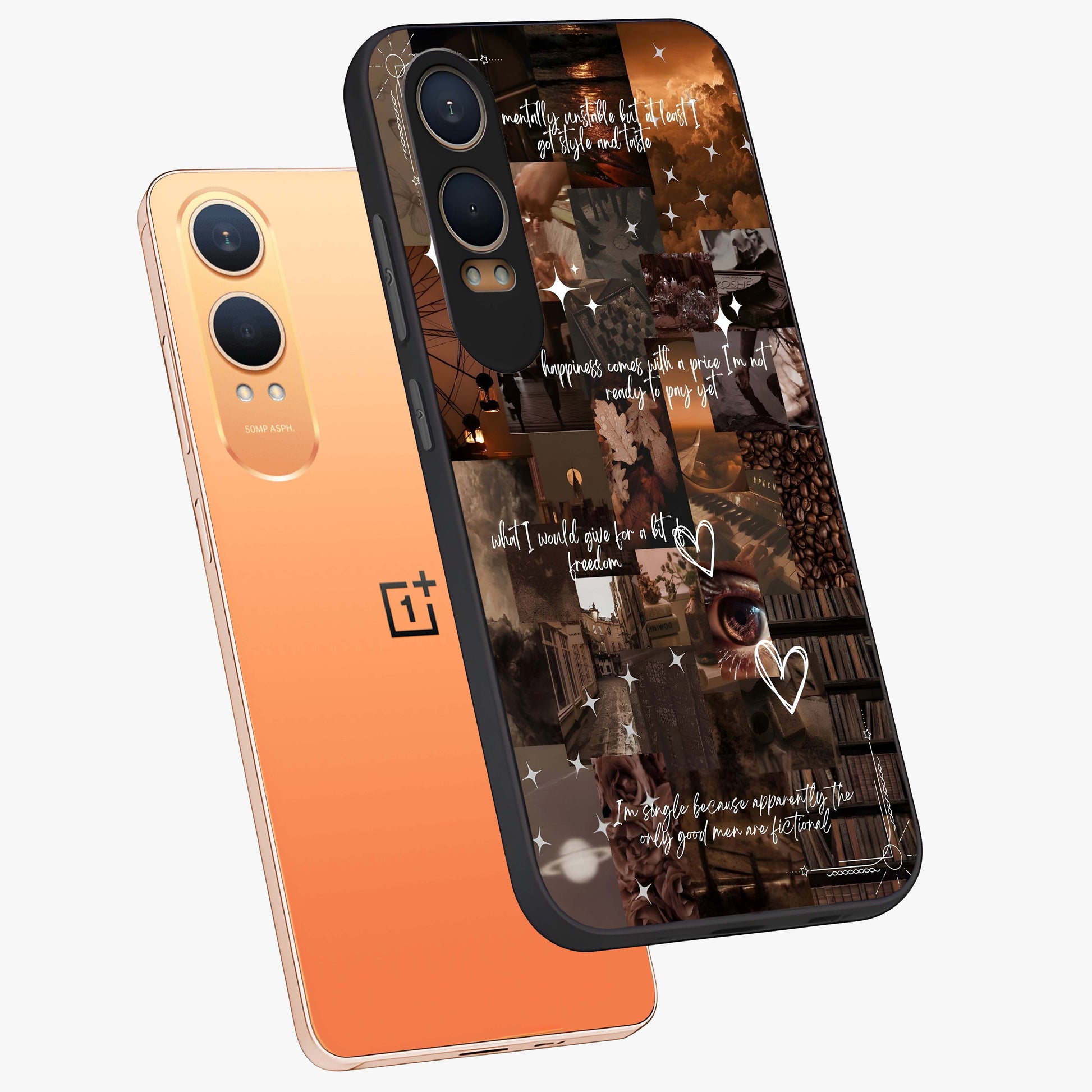 Bittersweet Aesthetic Chaos Glass Case for 1+Nord CE 4 Lite angled mockup showcasing glossy finish and artistic chaotic design