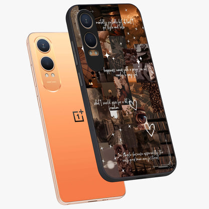 Bittersweet Aesthetic Chaos Glass Case for 1+Nord CE 4 Lite angled mockup showcasing glossy finish and artistic chaotic design