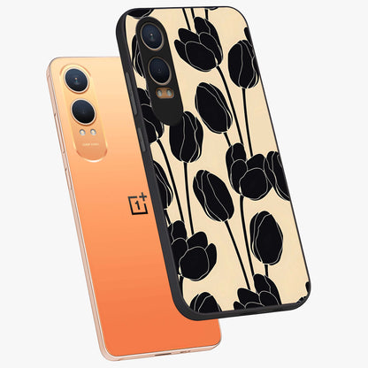 Black Designer Tulip Glass Case for 1+Nord CE 4 Lite angled mockup showcasing glossy finish and premium floral detailing