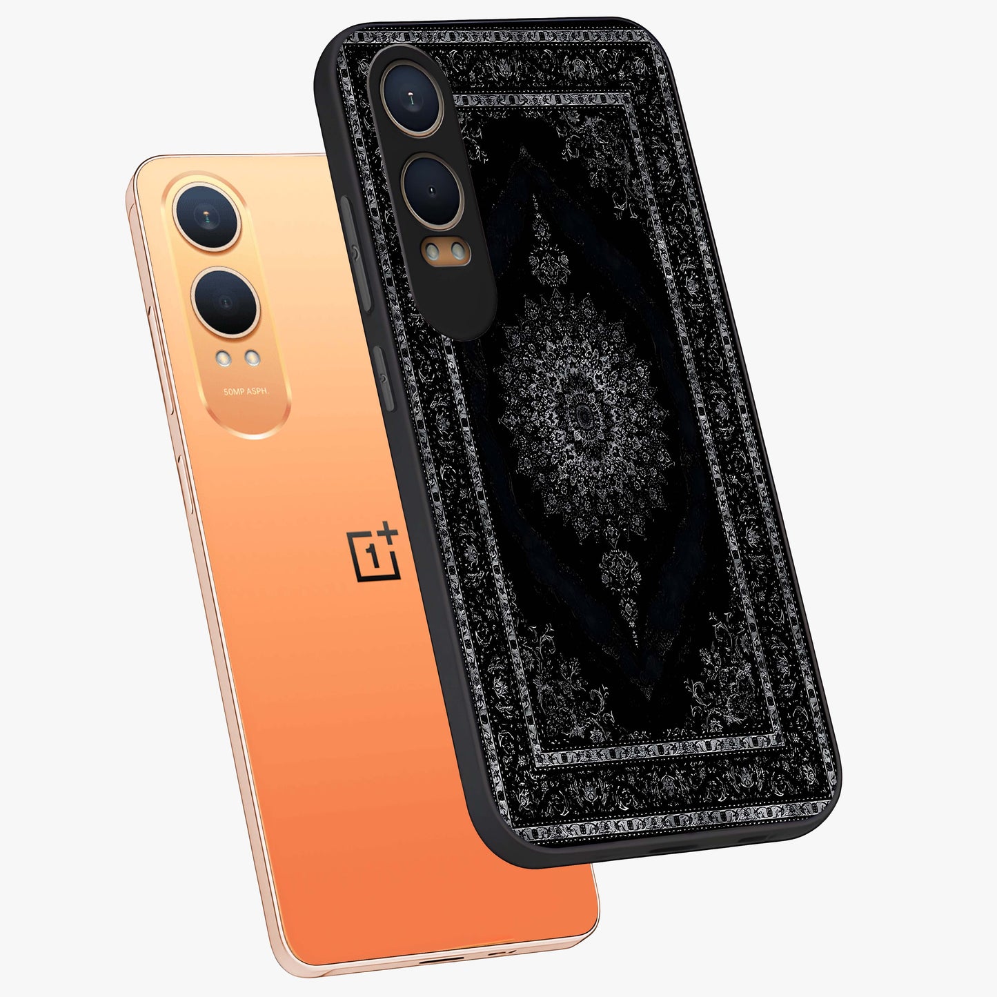 Black Persian Carpet Glass Case for 1+Nord Ce 4 Lite angled mockup showcasing glossy finish and detailed ornamental design