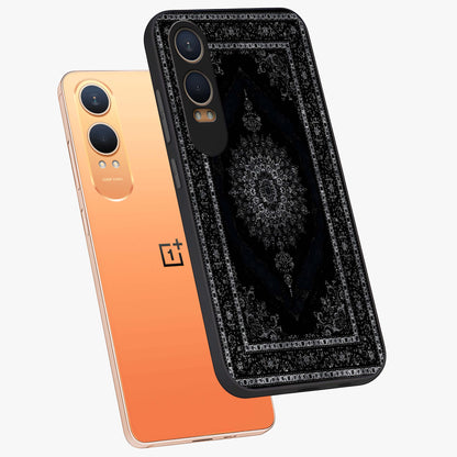 Black Persian Carpet Glass Case for 1+Nord Ce 4 Lite angled mockup showcasing glossy finish and detailed ornamental design