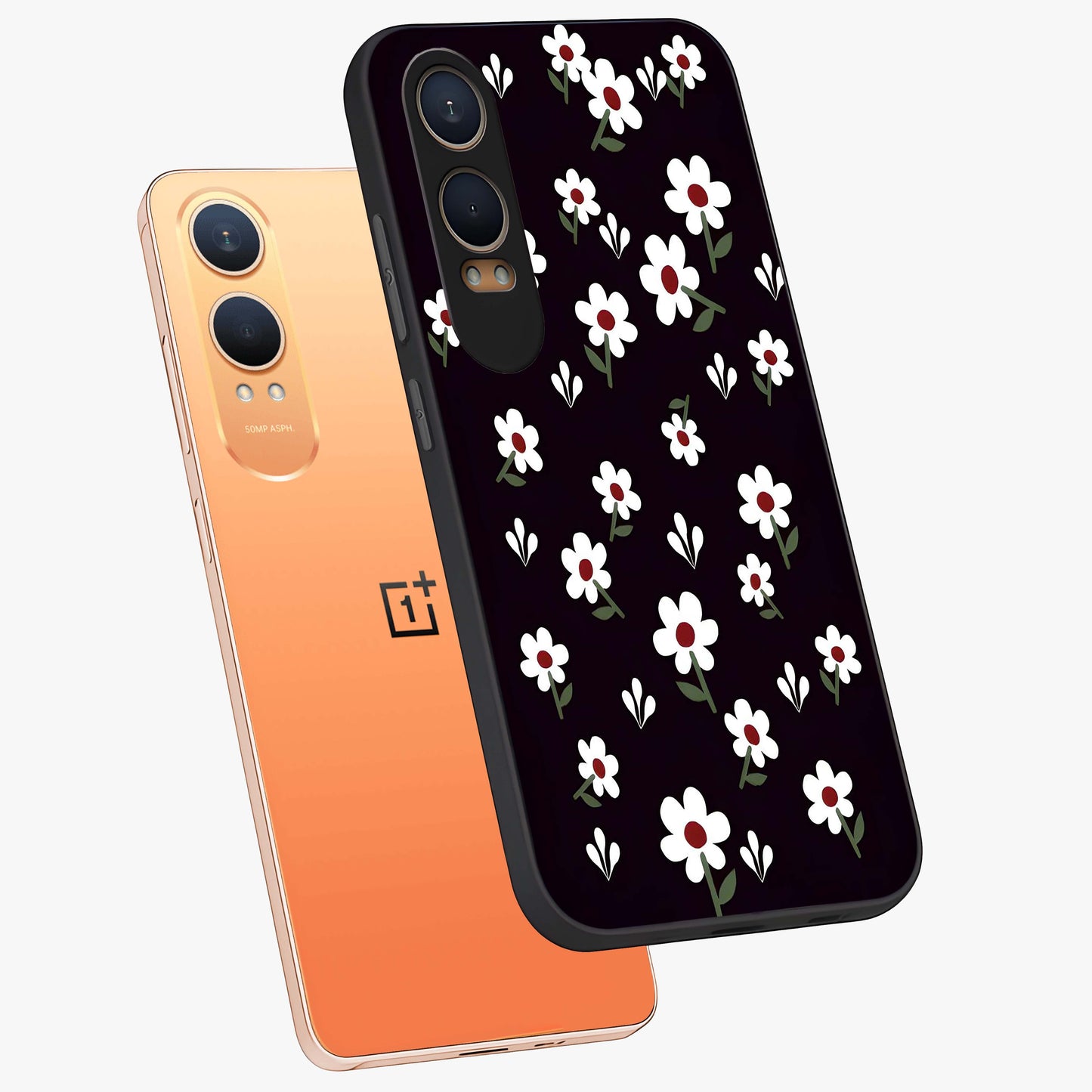 Black Prints Daisy Flower Pattern Glass Case for 1+Nord CE 4 Lite angled mockup showcasing glossy finish and bold floral contrast