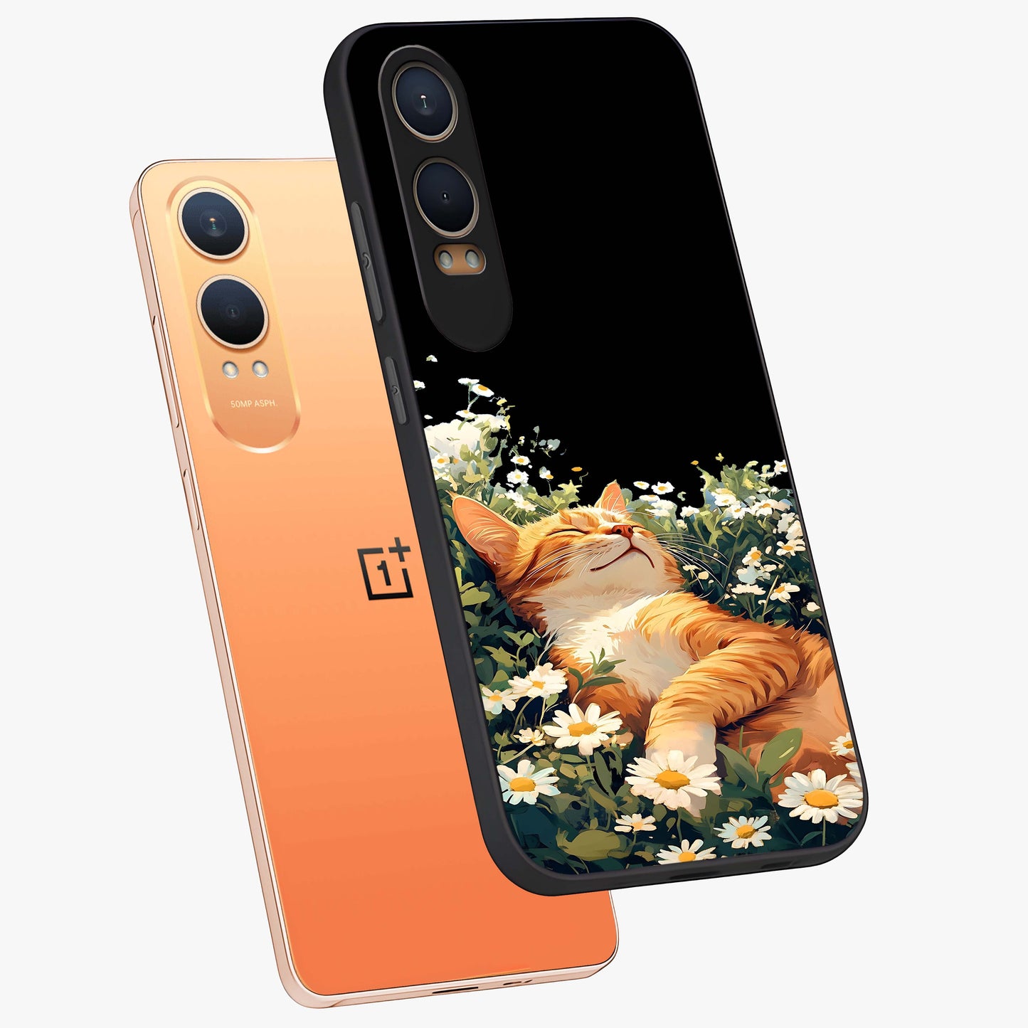 Blissful Bloom Cat Glass Case for 1+Nord CE 4 Lite angled mockup showcasing glossy glass finish and vibrant bloom detailing