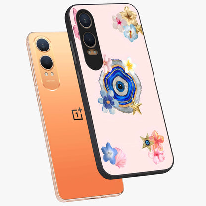 Blossom Evil Charm Glass Case for 1+Nord CE 4 Lite angled mockup showcasing glossy finish and protective charm design
