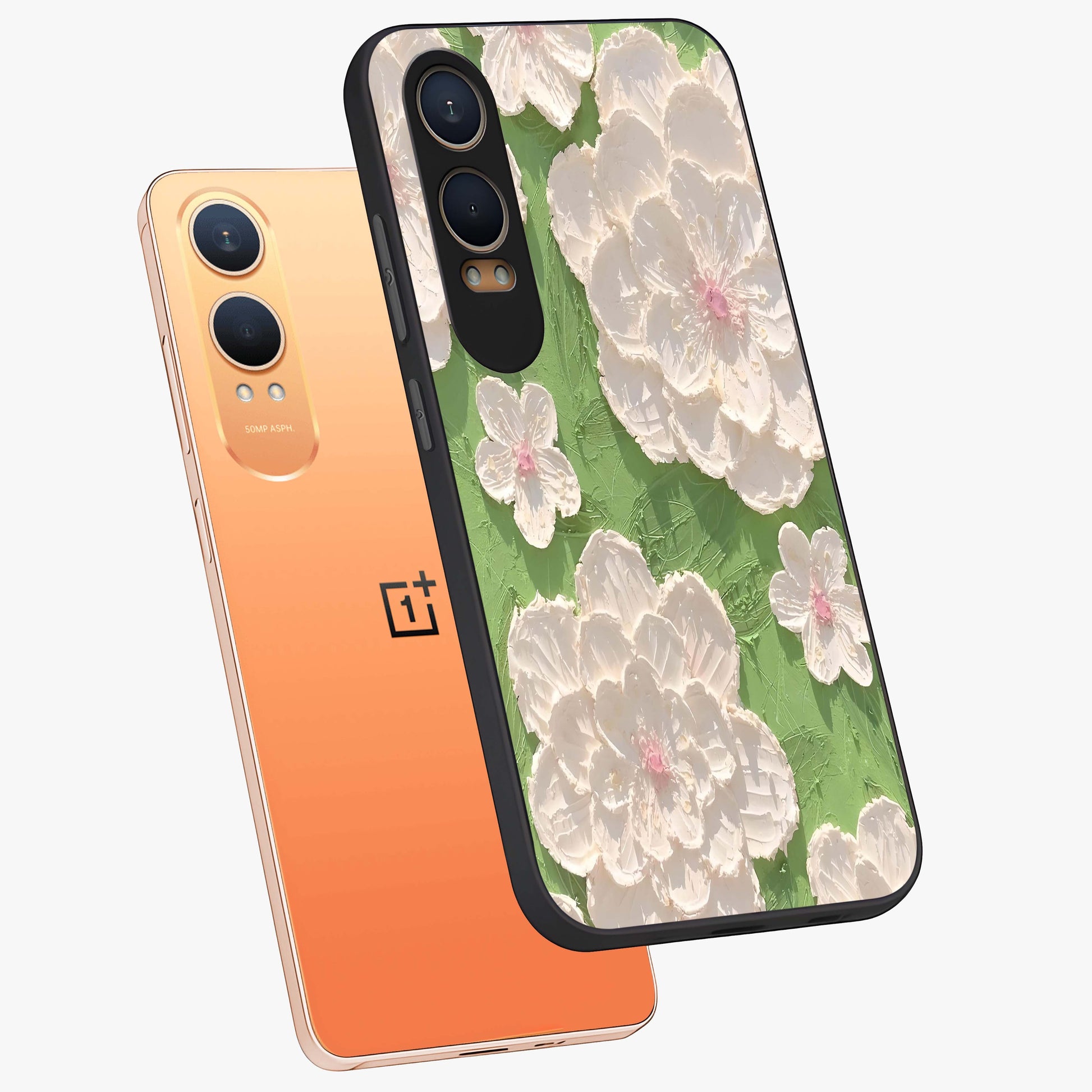 Blossom Meadow Dreams Glass Case for 1+Nord CE 4 Lite angled mockup showcasing glossy finish and pastel bloom textures