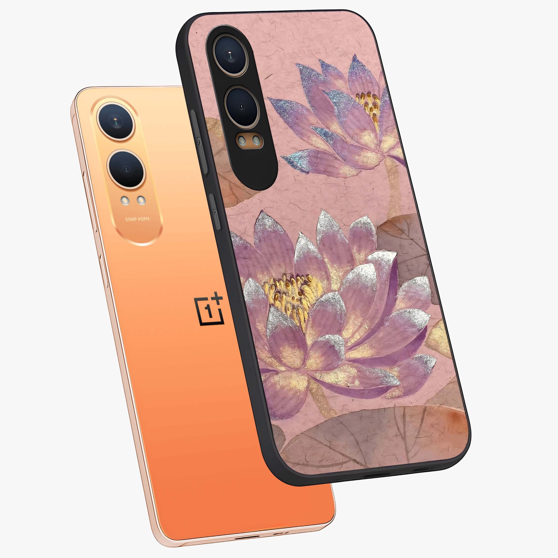 Blossom Mist Lotus Glass Case for 1+Nord CE 4 Lite angled mockup showcasing glossy finish and peaceful floral detailing