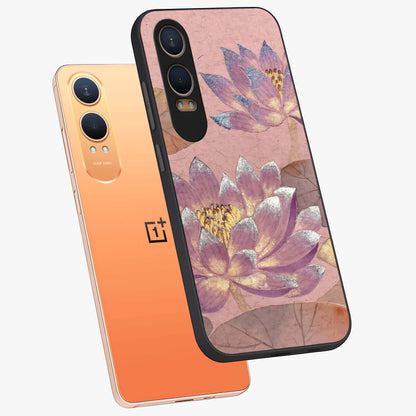 Blossom Mist Lotus Glass Case for 1+Nord CE 4 Lite angled mockup showcasing glossy finish and peaceful floral detailing