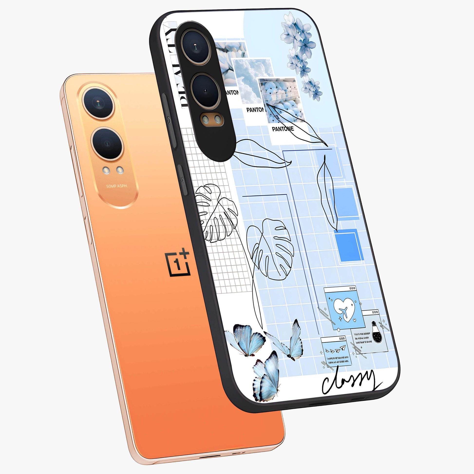 Blue Aesthetic Flower Glass Case for 1+Nord CE 4 Lite angled mockup showcasing glossy finish and delicate bloom design