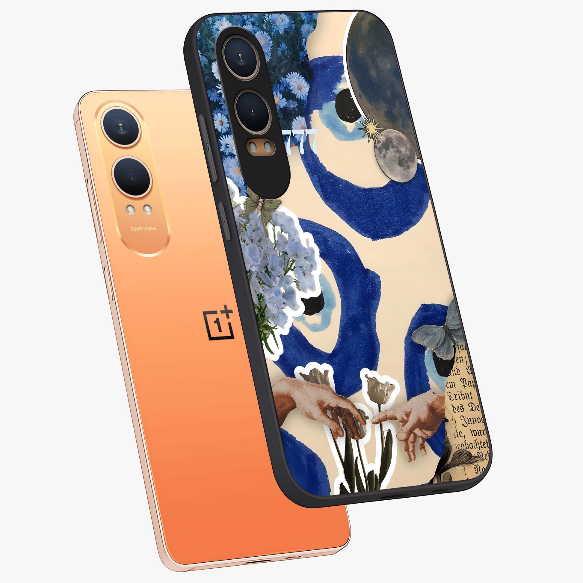 Blue Evil Divine Glass Case for 1+Nord CE 4 Lite angled mockup showcasing glossy finish and striking blue symbol design