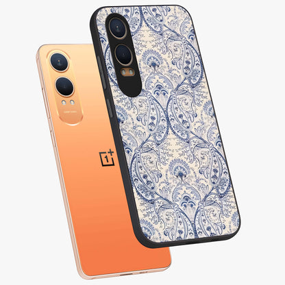 Blue Paisley Bloom Glass Case for 1+Nord CE 4 Lite angled mockup showcasing glossy finish and detailed ornamental design