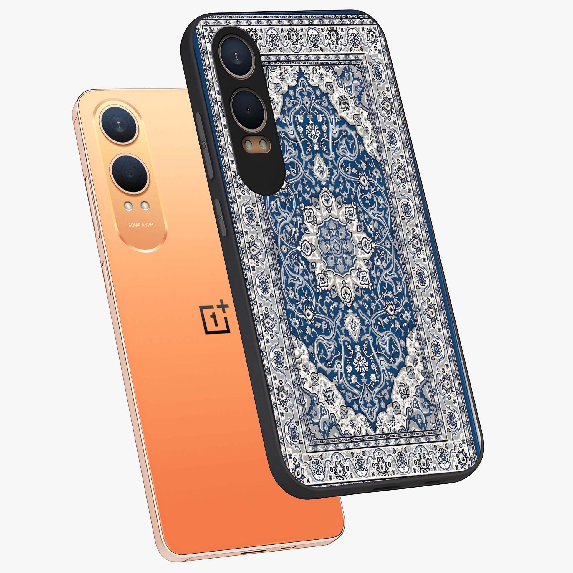 Blue Palace Dream Glass Case for 1+Nord CE 4 Lite angled mockup showcasing glossy finish and luxurious architectural detailing