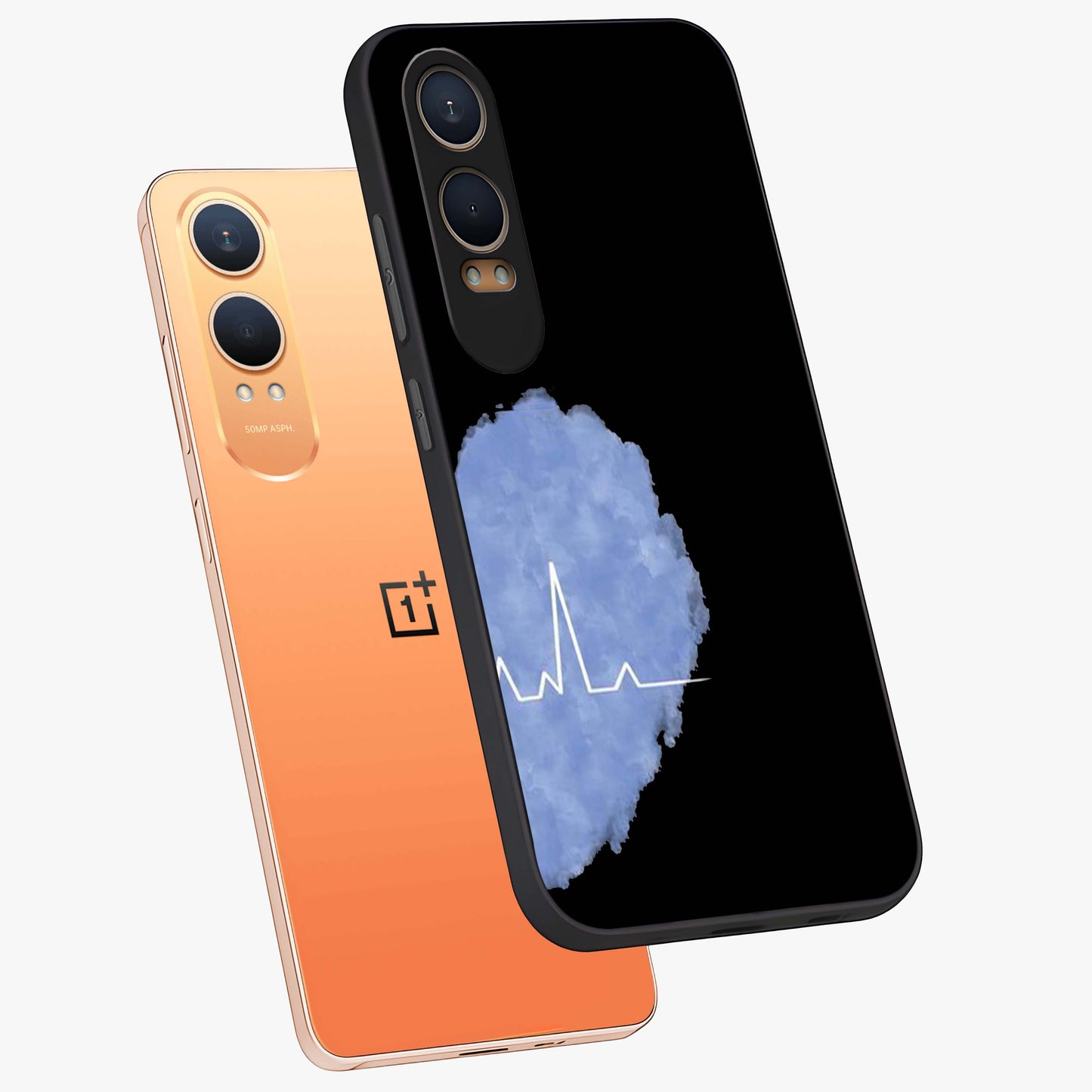 Blue Pulse Bond Glass Case for 1+Nord Ce 4 Lite angled mockup showcasing glossy glass finish and vibrant energy design