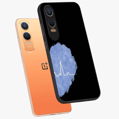 Blue Pulse Bond Glass Case for 1+Nord Ce 4 Lite angled mockup showcasing glossy glass finish and vibrant energy design