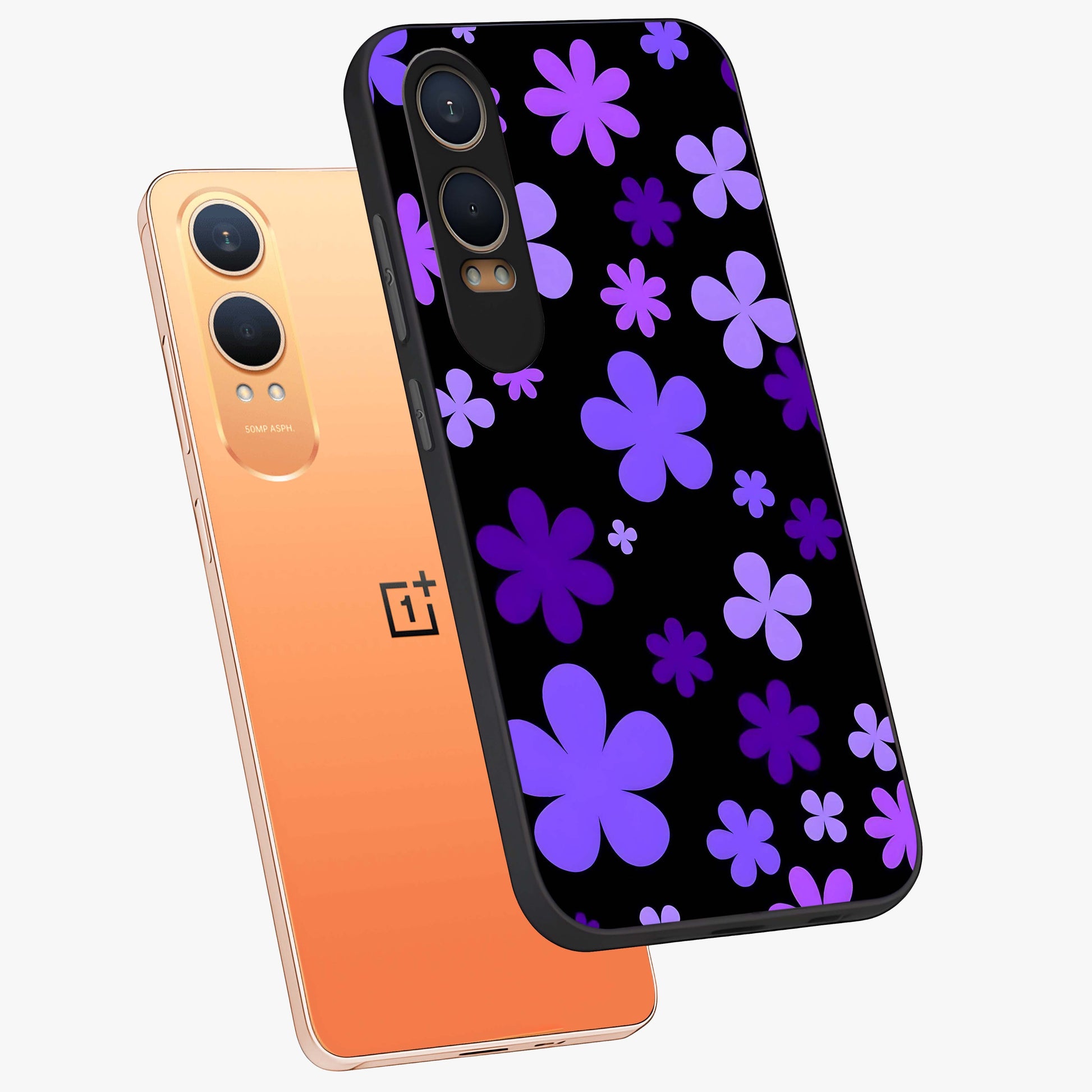 Blue Retro Pop Flowers Glass Case for 1+Nord CE 4 Lite angled mockup showcasing glossy finish and playful pop flower design