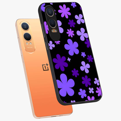 Blue Retro Pop Flowers Glass Case for 1+Nord CE 4 Lite angled mockup showcasing glossy finish and playful pop flower design