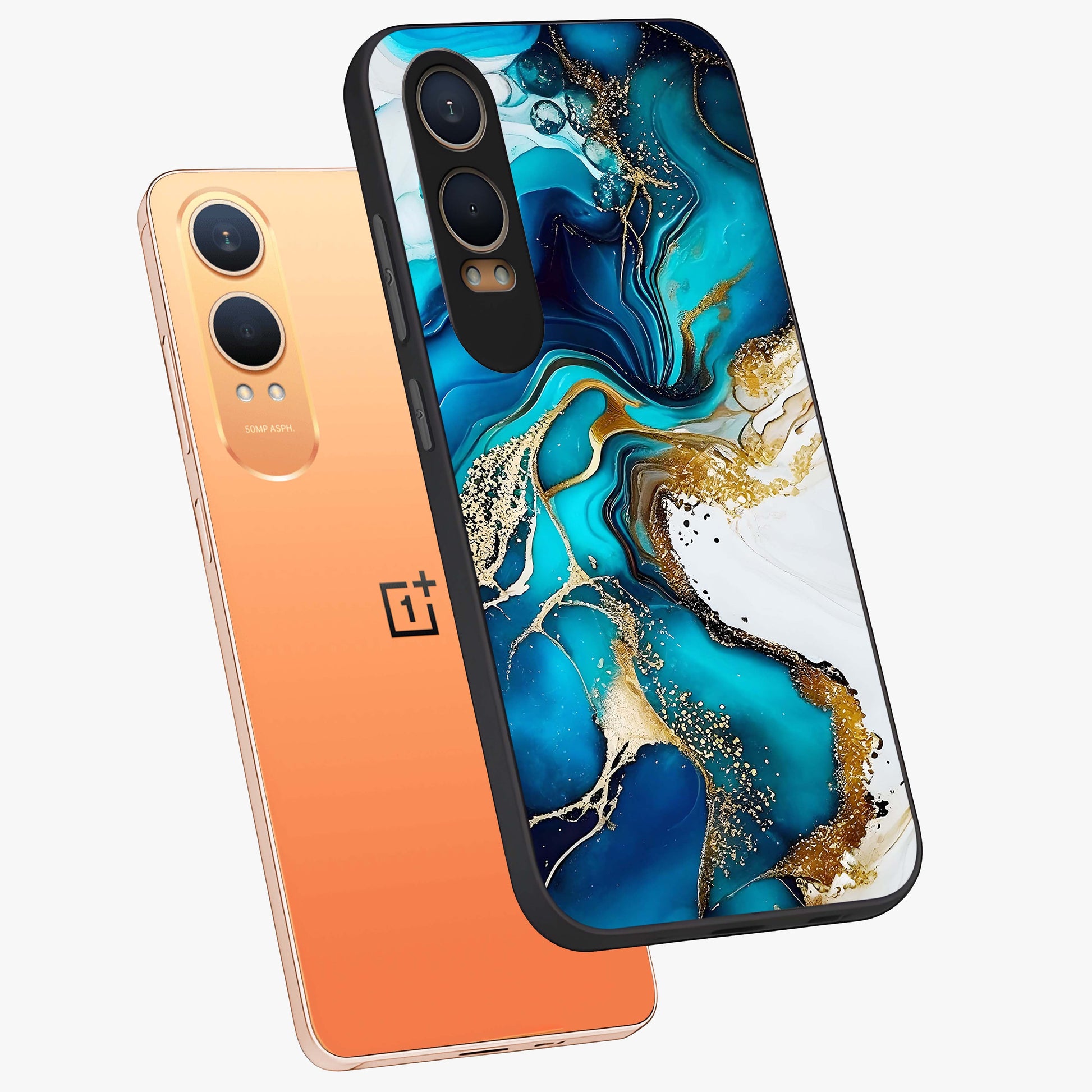 Blue and White Marble With Golden Viens Art Glass Case for 1+Nord Ce 4 Lite angled mockup showcasing glossy finish and premium marble pattern