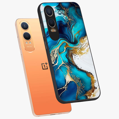 Blue and White Marble With Golden Viens Art Glass Case for 1+Nord Ce 4 Lite angled mockup showcasing glossy finish and premium marble pattern