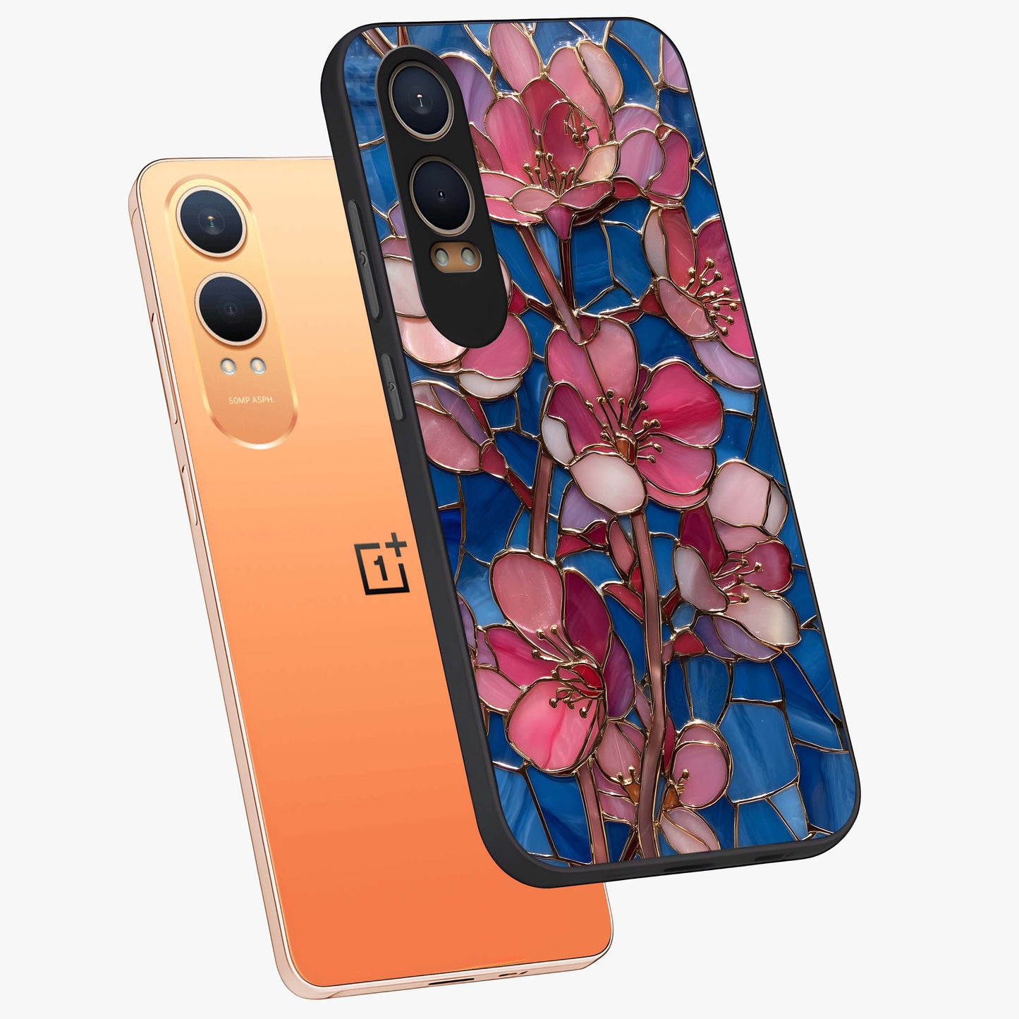 Blush Bloom Glass Case for 1+Nord CE 4 Lite angled mockup showcasing glossy finish and elegant bloom design