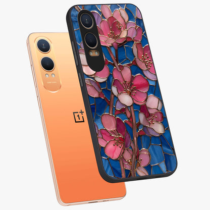 Blush Bloom Glass Case for 1+Nord CE 4 Lite angled mockup showcasing glossy finish and elegant bloom design