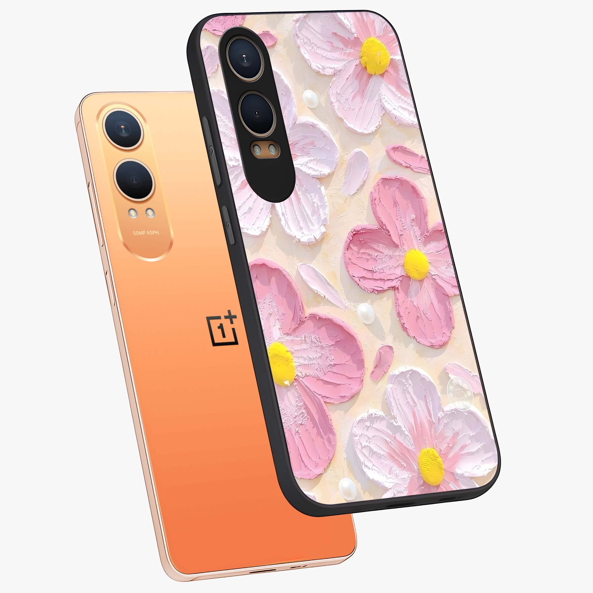 Blush Bloom Texture Glass Case for 1+Nord Ce 4 Lite angled mockup showcasing glossy finish and layered texture detailing