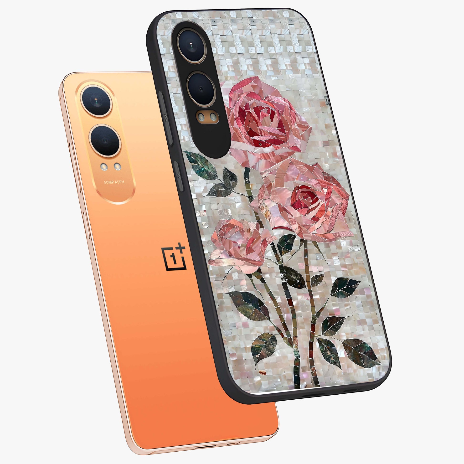 Blush Mosaic Bloom Glass Case for 1+Nord CE 4 Lite angled mockup showcasing glossy finish and detailed mosaic patterns