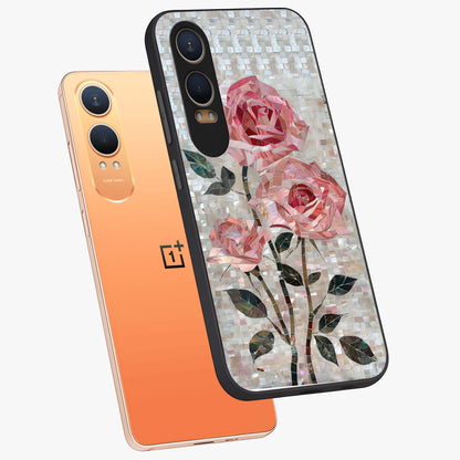 Blush Mosaic Bloom Glass Case for 1+Nord CE 4 Lite angled mockup showcasing glossy finish and detailed mosaic patterns