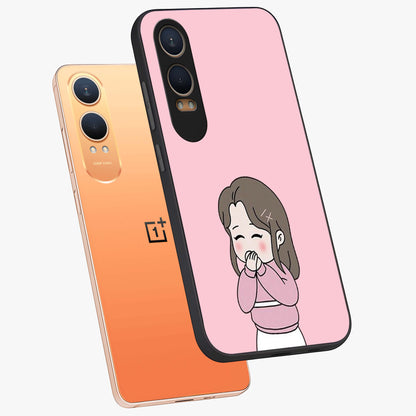 Blushing Love Moment Glass Case for 1+Nord CE 4 Lite angled mockup showcasing glossy finish and elegant romantic design