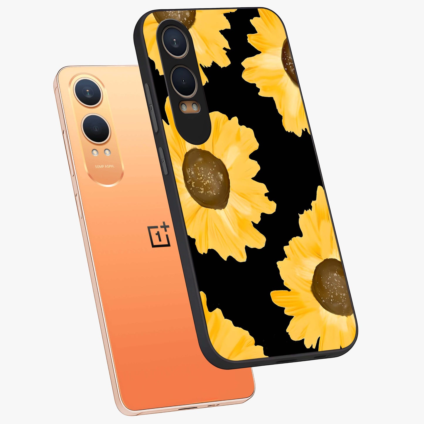 Bold Sunflowers Glow Glass Case for 1+Nord CE 4 Lite angled mockup showcasing glossy glass finish and bright floral detailing