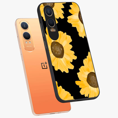 Bold Sunflowers Glow Glass Case for 1+Nord CE 4 Lite angled mockup showcasing glossy glass finish and bright floral detailing