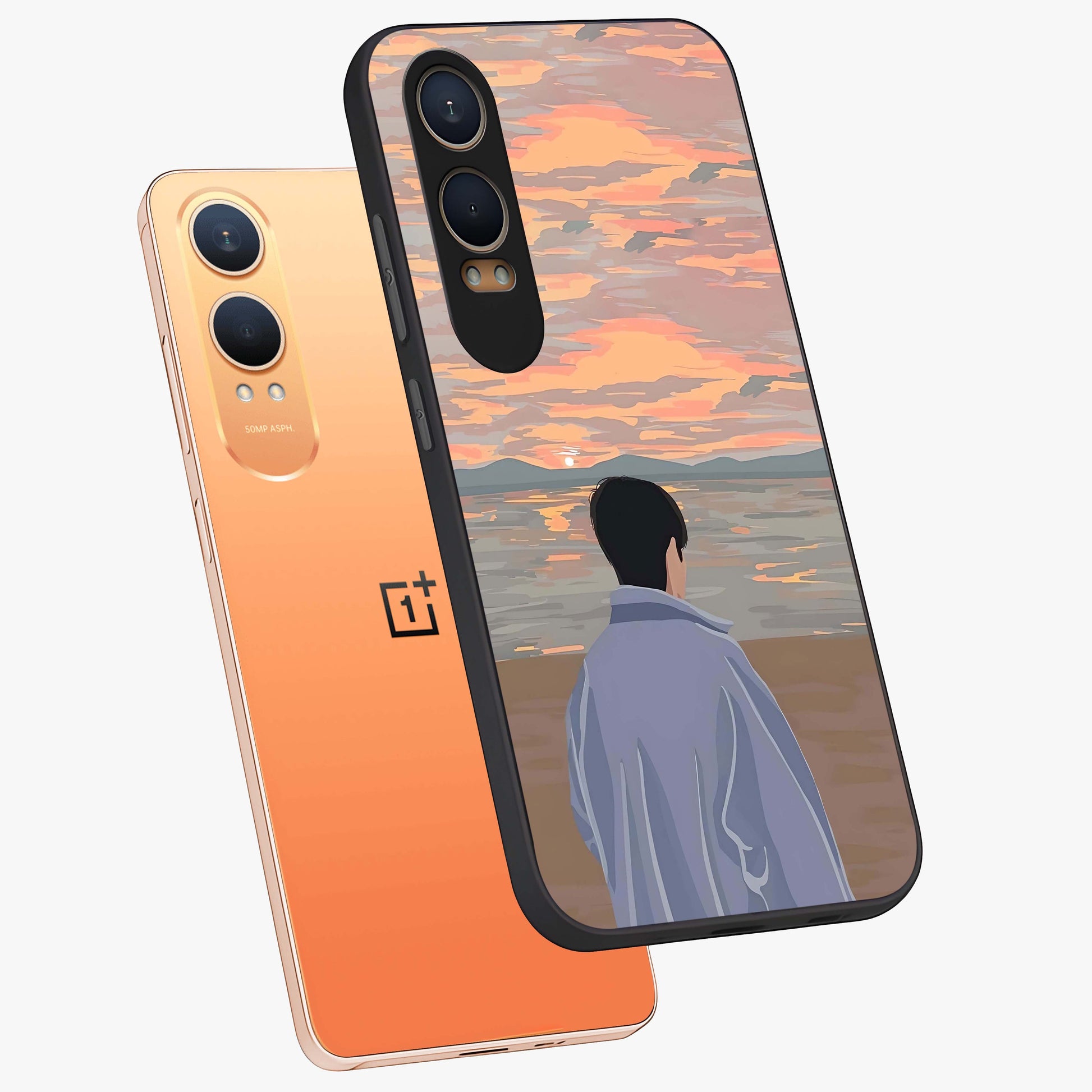 Boy Facing Sunset Beach Glass Case for 1+Nord CE 4 Lite angled mockup showcasing glossy finish and warm beach tones