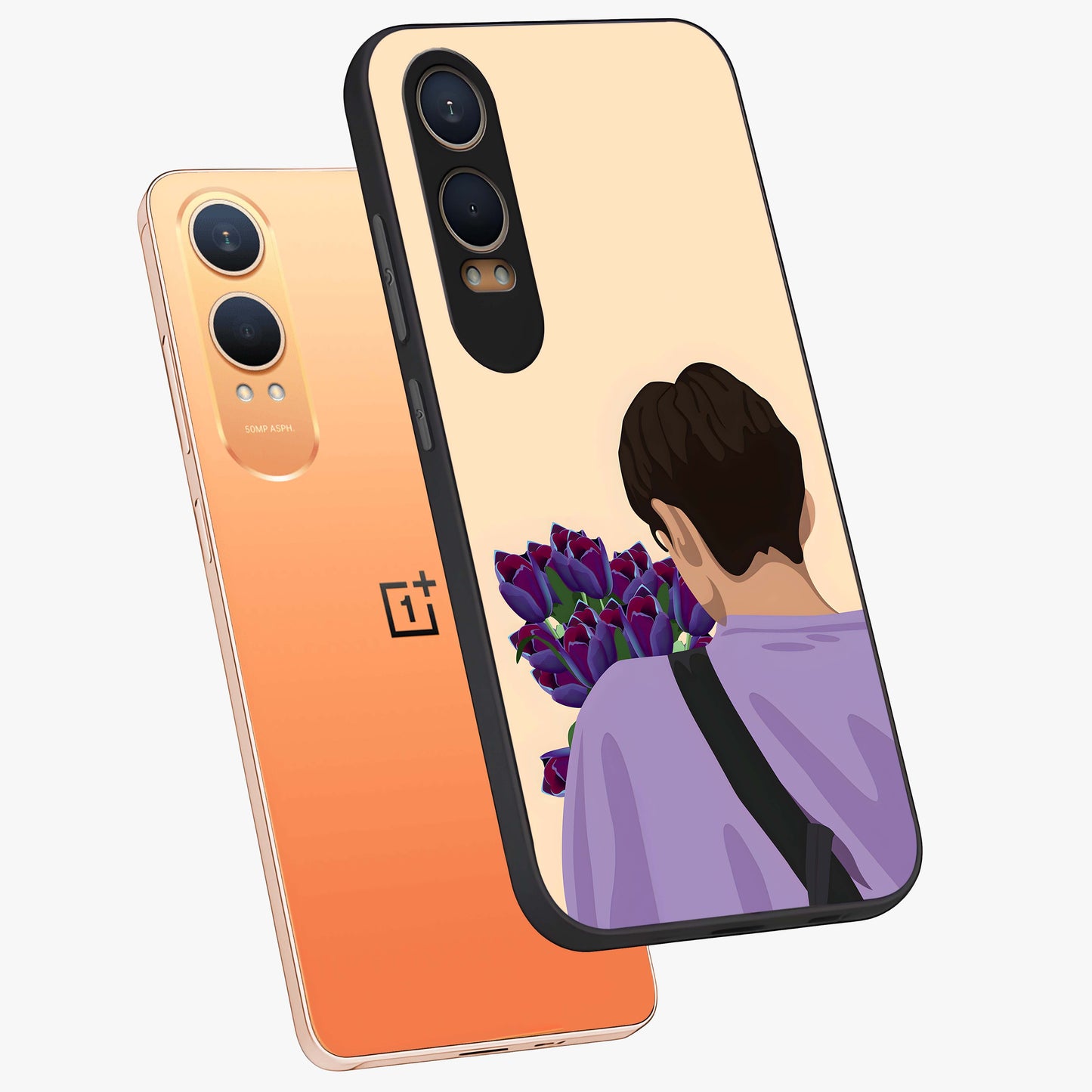 Boy Holding Flowers Glass Case for 1+Nord Ce 4 Lite angled mockup showcasing glossy finish and gentle pastel artwork