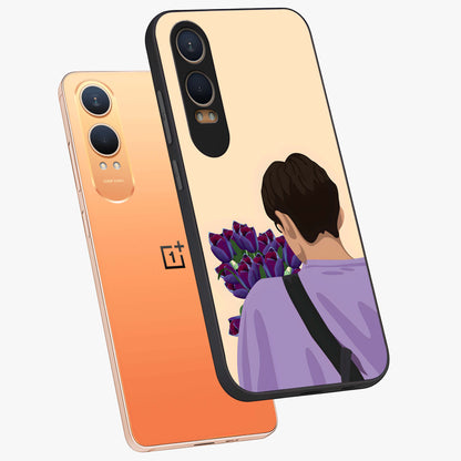 Boy Holding Flowers Glass Case for 1+Nord Ce 4 Lite angled mockup showcasing glossy finish and gentle pastel artwork