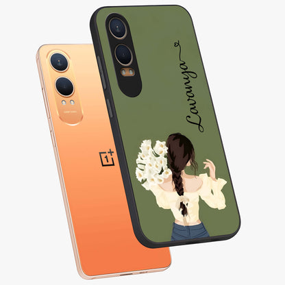 Braided Spring Beauty With Custom Name Glass Case for 1+Nord CE 4 Lite angled mockup showcasing glossy finish and spring inspired detailing