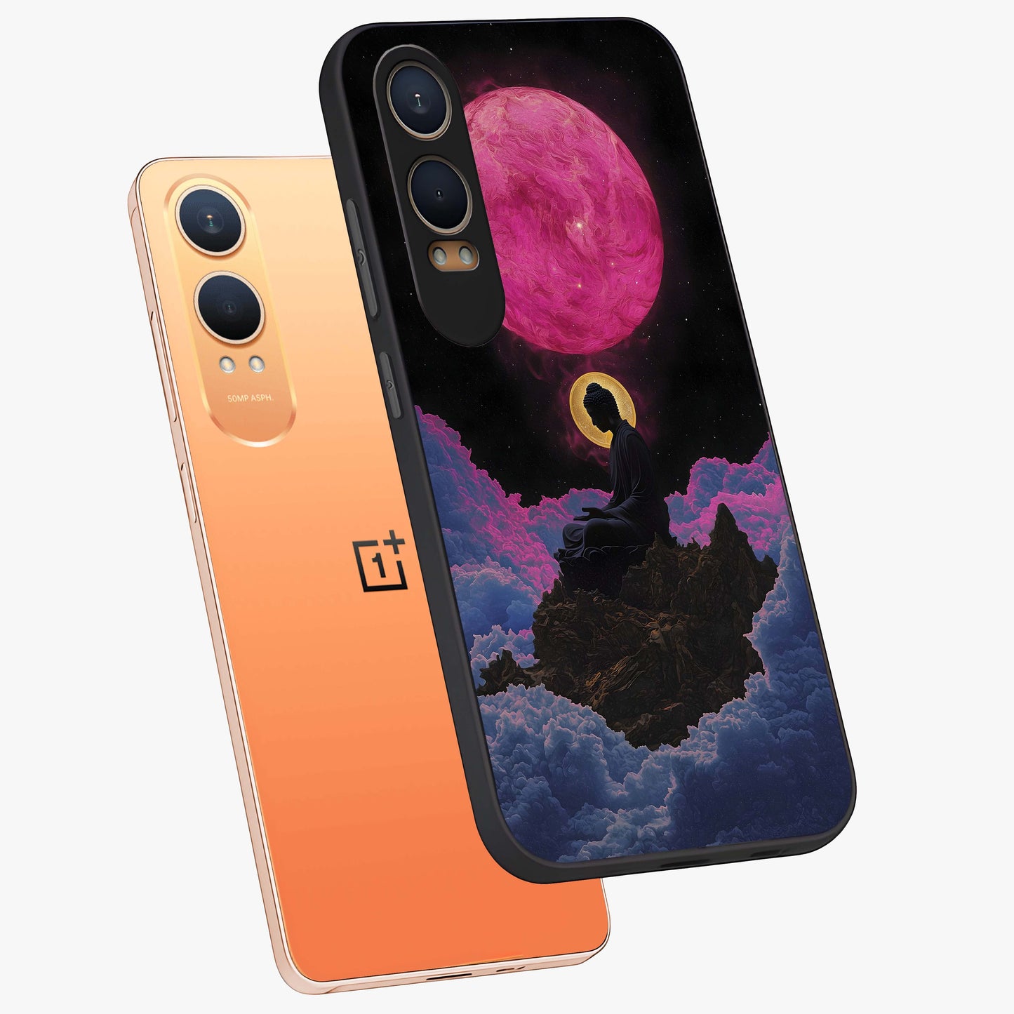 Buddha and Planets Glass Case for 1+Nord CE 4 Lite angled mockup showcasing glossy finish and spiritual cosmic design