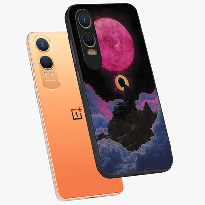 Buddha and Planets Glass Case for 1+Nord CE 4 Lite angled mockup showcasing glossy finish and spiritual cosmic design