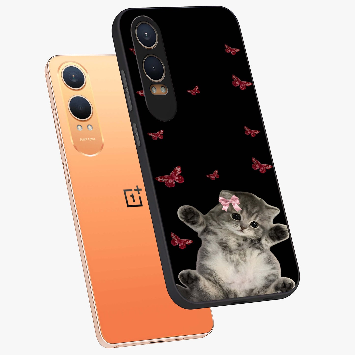 Butterfly Cat Bliss Glass Case for 1+Nord CE 4 Lite angled mockup showcasing glossy finish and soft pastel tones