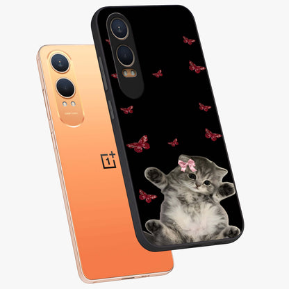 Butterfly Cat Bliss Glass Case for 1+Nord CE 4 Lite angled mockup showcasing glossy finish and soft pastel tones