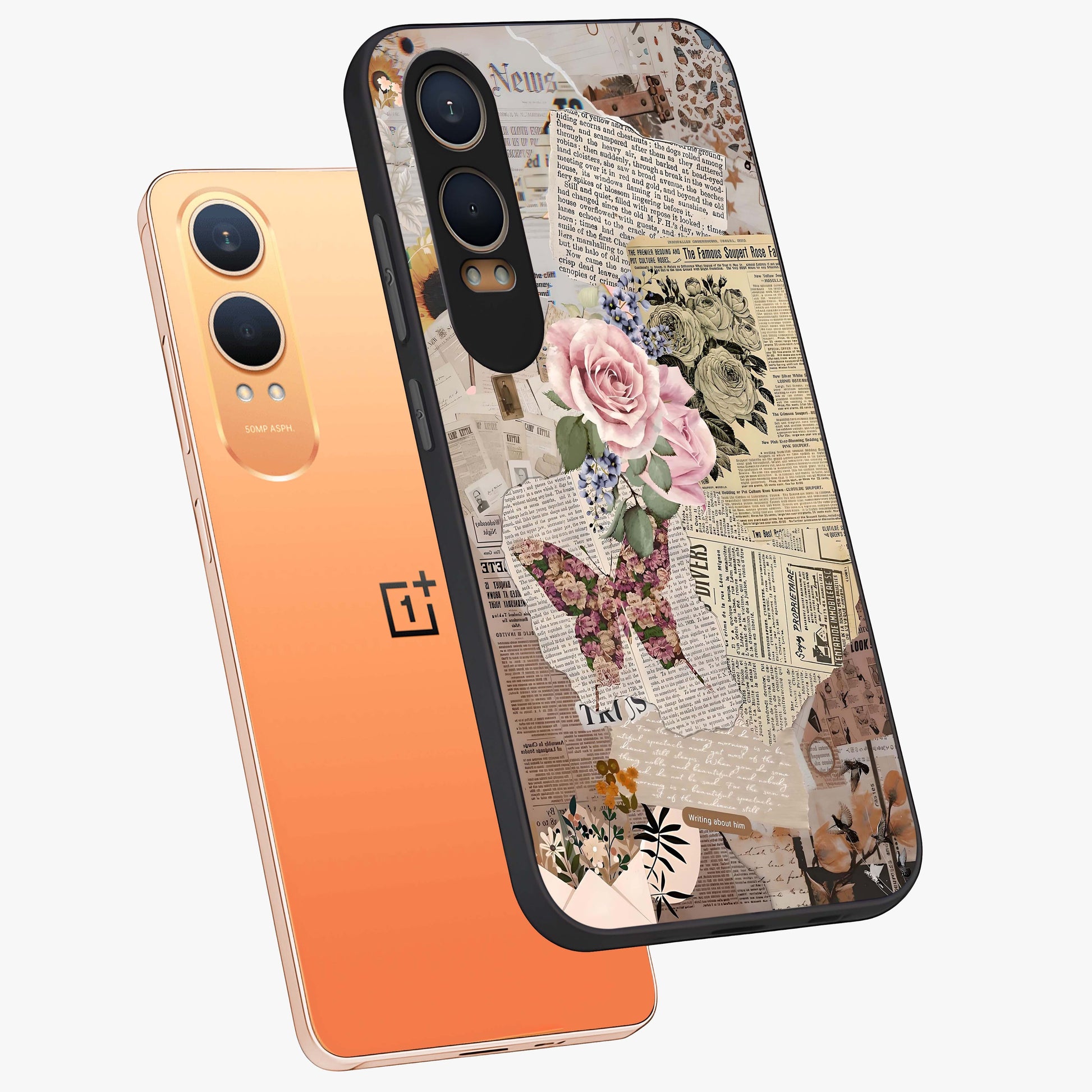 Butterfly News Bloom Glass Case for 1+Nord CE 4 Lite angled mockup showcasing glossy finish and vibrant nature design
