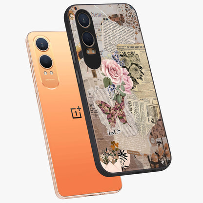 Butterfly News Bloom Glass Case for 1+Nord CE 4 Lite angled mockup showcasing glossy finish and vibrant nature design