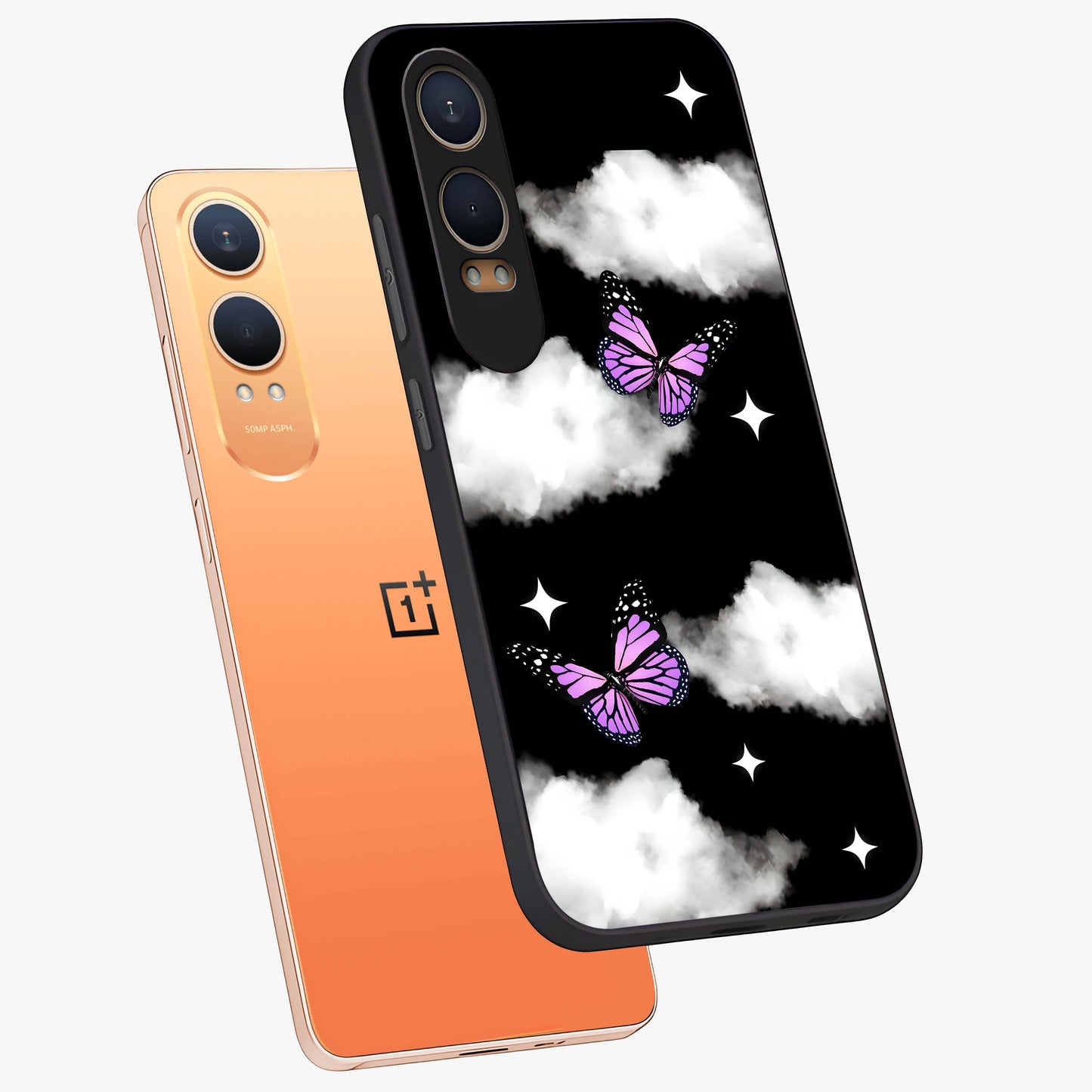 Butterfly Night Drift Glass Case for 1+Nord CE 4 Lite angled mockup showcasing glossy finish and deep midnight gradients