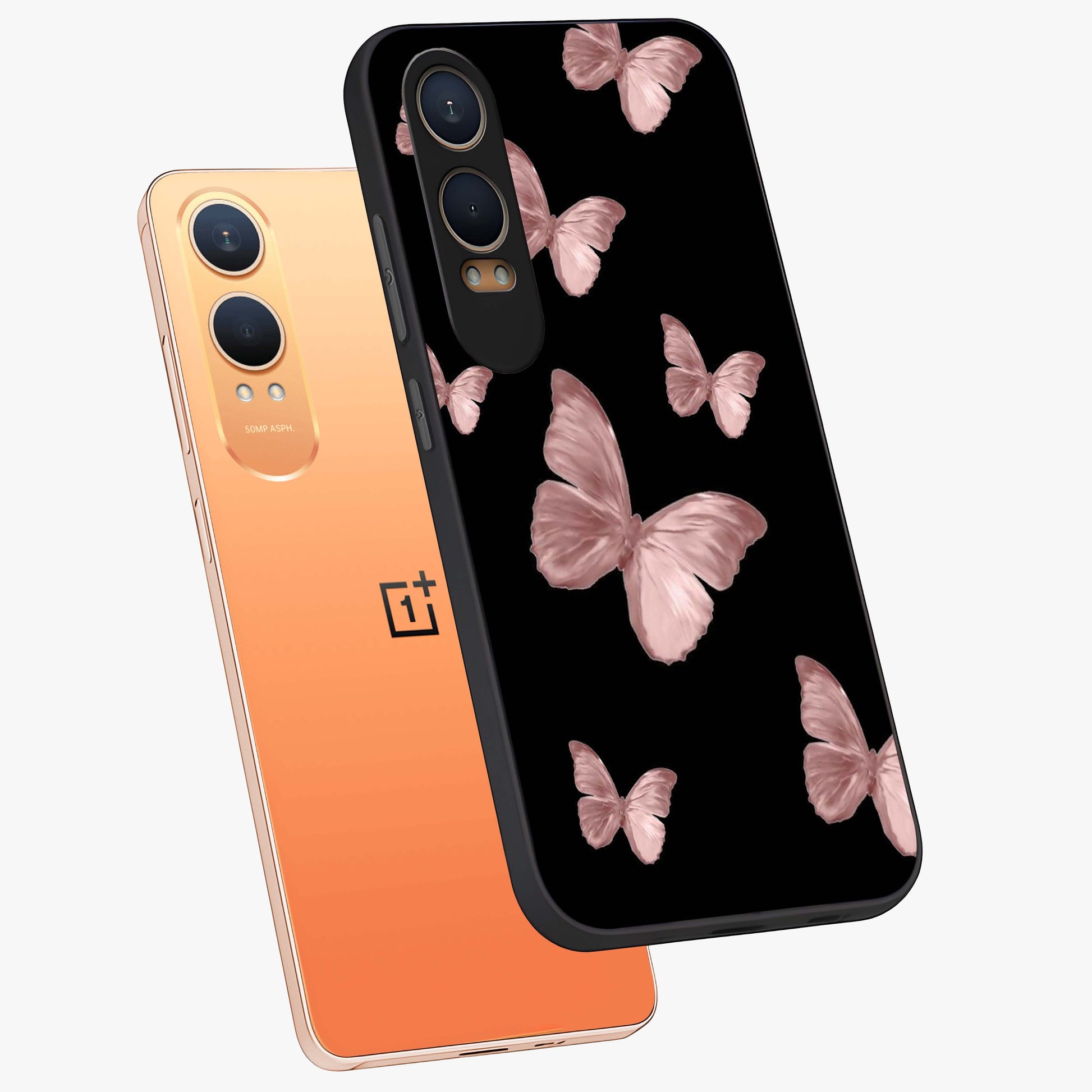Butterfly Pattern Glass Case for 1+Nord CE 4 Lite angled mockup showcasing glossy glass finish and delicate wing design