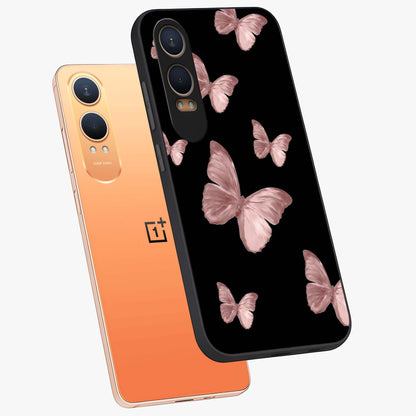 Butterfly Pattern Glass Case for 1+Nord CE 4 Lite angled mockup showcasing glossy glass finish and delicate wing design