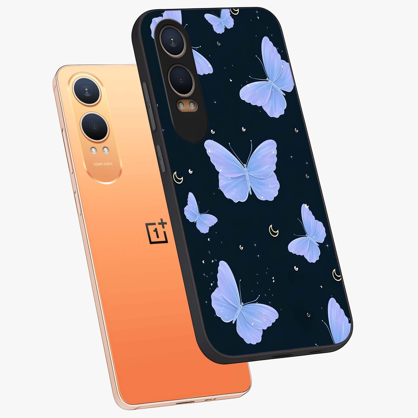 Butterfly With Stars Pattern Glass Case for 1+Nord CE 4 Lite angled mockup showcasing glossy finish and celestial inspired design