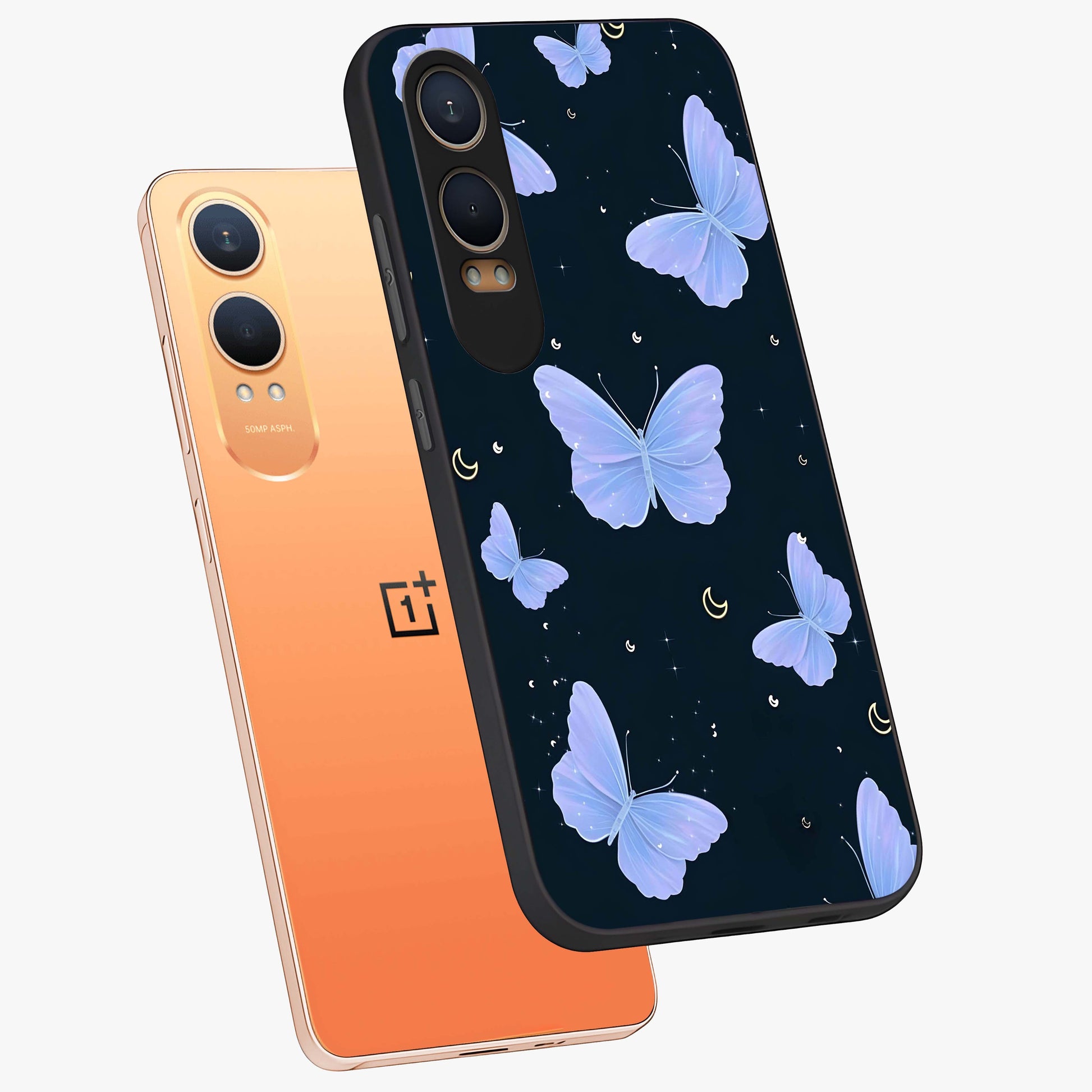 Butterfly With Stars Pattern Glass Case for 1+Nord CE 4 Lite angled mockup showcasing glossy finish and celestial inspired design