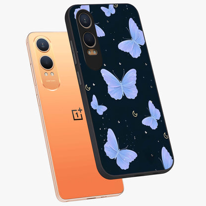 Butterfly With Stars Pattern Glass Case for 1+Nord CE 4 Lite angled mockup showcasing glossy finish and celestial inspired design