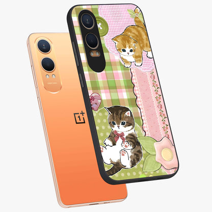 Cats Sweet Button Glass Case for 1+Nord CE 4 Lite angled mockup showcasing glossy finish and charming character design