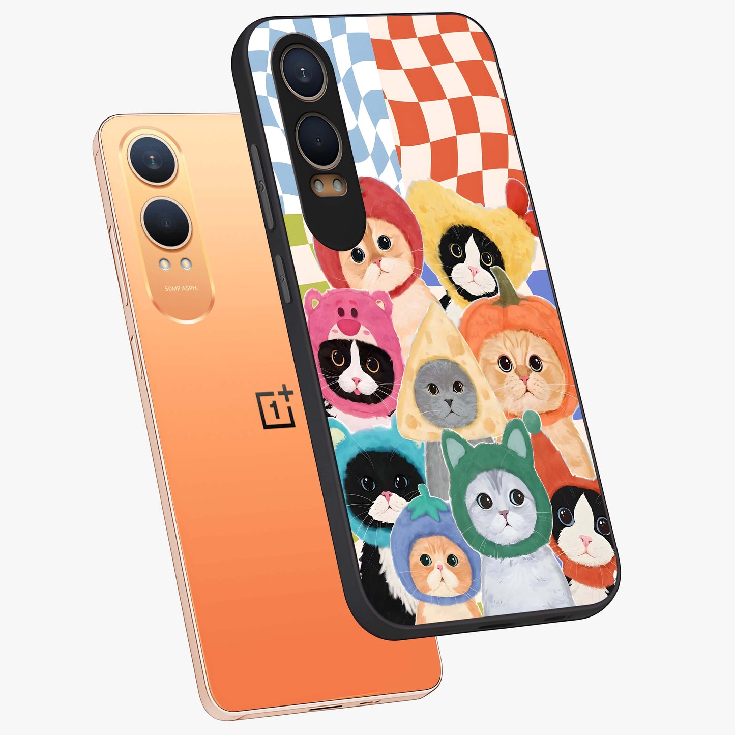 Cats in Fruits Glass Case for 1+Nord CE 4 Lite angled mockup showcasing glossy finish and colorful aesthetic design