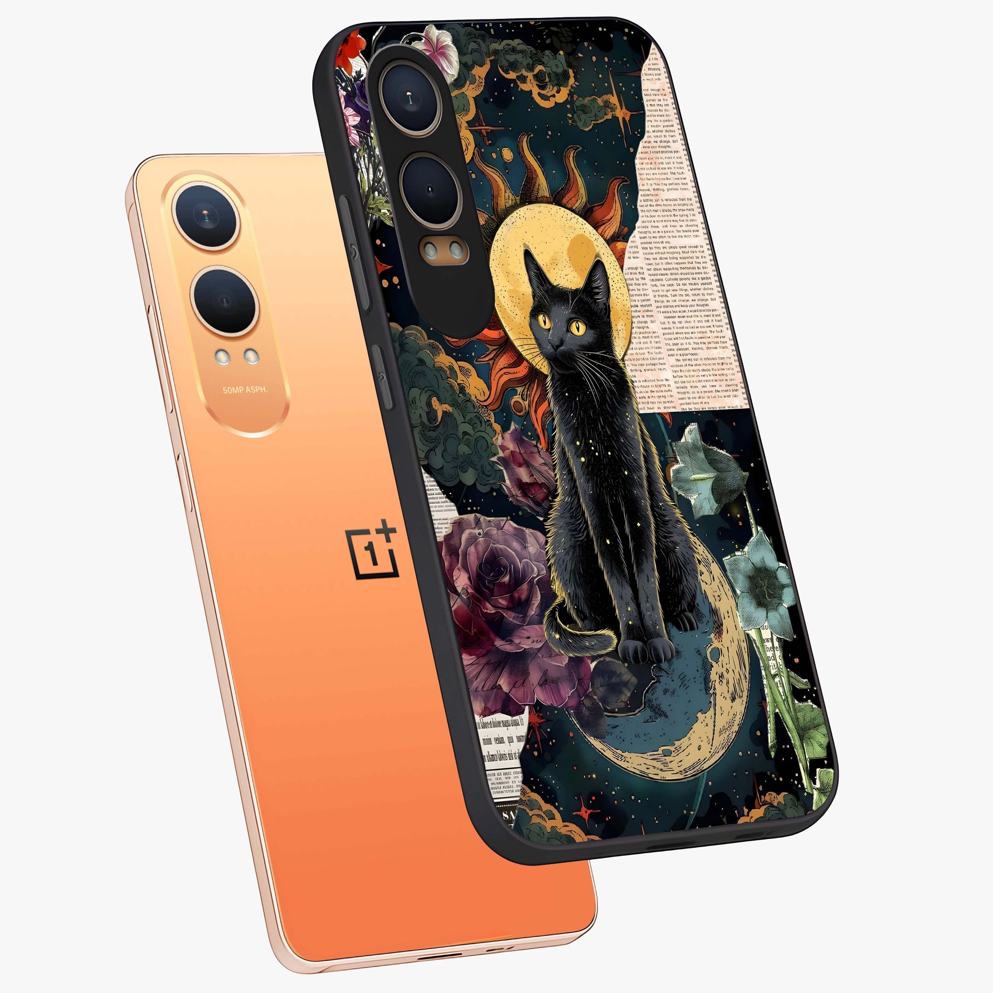 Celestial Black Cat Glass Case for 1+Nord CE 4 Lite angled mockup showcasing glossy finish and celestial glow detailing